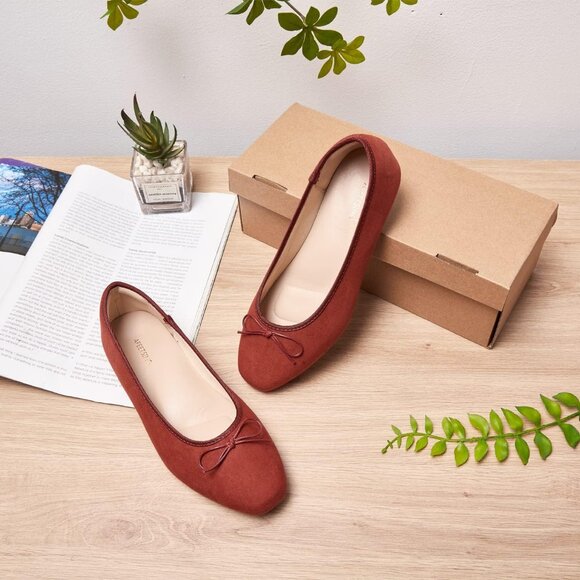 Women wine Red Polyurethane Closed Round Toe Comfortable Bow Ballet Flats Shoes - Picture 5 of 7